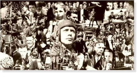 Montage of historical photographs of Charles Lindbergh and crowds