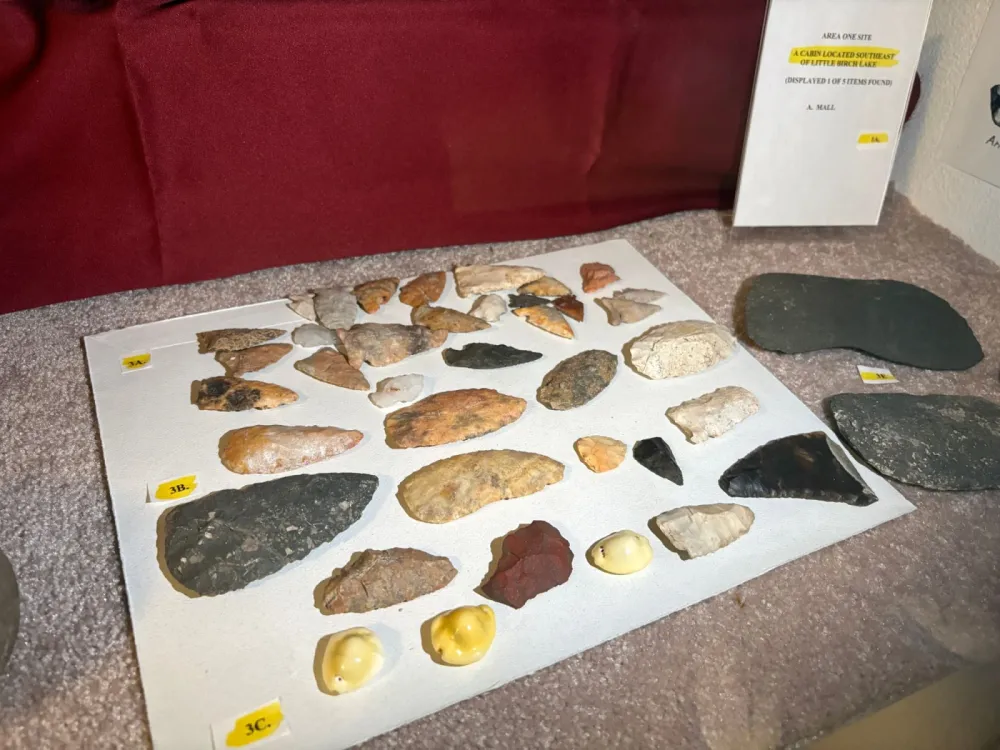 Stone points and tools and a few yellow shells arranged on a white board in a display case, with a label reading Area One Site, a cabin located southeast of Little Birch Lake