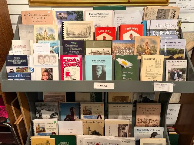Rack of local-history books for sale in the museum store